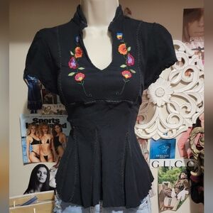 Black Floral Embroidered Tie Waist Blouse